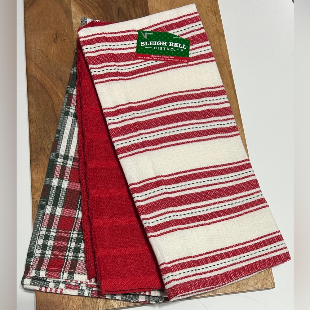 Sleigh Bell Bistro Christmas Plaid & Stripes Kitchen Dish Towels Set of 3 NWT
